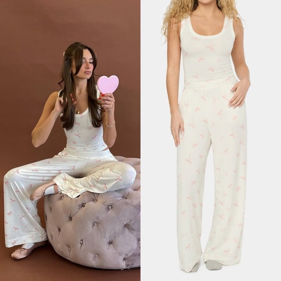 WeWoreWhat Ivory White Pink Bows Wide Leg Pants & Scoop Tank Pajama Set M Ballet